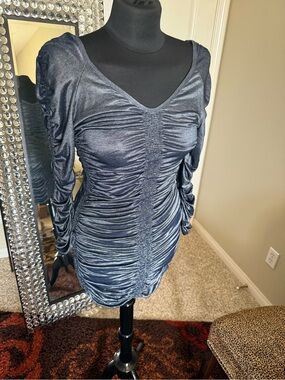 Forever Unique Metallic Navy Ruched Mini Dress
